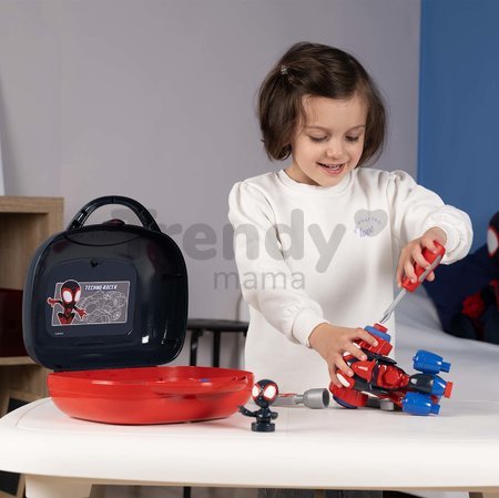 Kufrík s rozoberateľnou štvorkolkou Spidey Box Spin Marvel Smoby s pracovným náradím a figúrkou 17 dielov