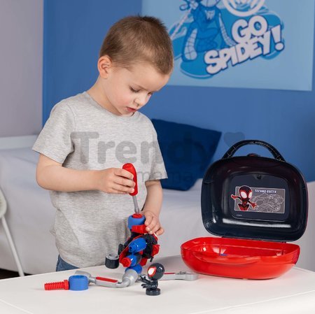 Kufrík s rozoberateľnou štvorkolkou Spidey Box Spin Marvel Smoby s pracovným náradím a figúrkou 17 dielov