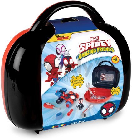 Kufrík s rozoberateľnou štvorkolkou Spidey Box Spin Marvel Smoby s pracovným náradím a figúrkou 17 dielov