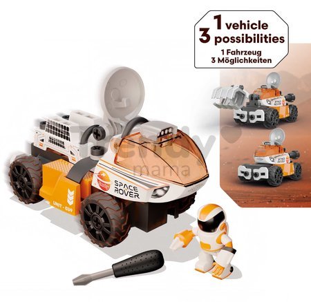 Stavebnica vesmírne autíčko 3v1 Space Rover Discovery Set Smoby 50 dielikov so skrutkovačom a figúrka astronauta s pohyblivými končatinami