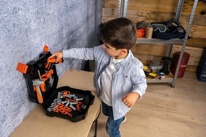 Pracovný kufrík s vŕtačkou Bricolo Case Black&Decker Smoby s náradím a montážnymi dielmi 36 doplnkov