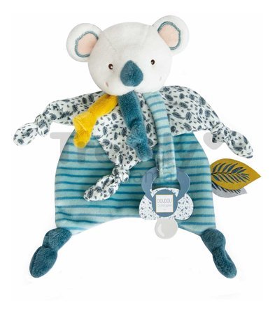 Plyšová koala s klipom na cumlík Yoca le Koala Doudou Dummy Holder Doudou et Compagnie v darčekovom balení modrá 20 cm od 0 mes