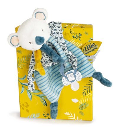 Plyšová koala s klipom na cumlík Yoca le Koala Doudou Dummy Holder Doudou et Compagnie v darčekovom balení modrá 20 cm od 0 mes