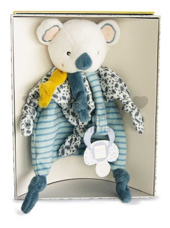 Plyšová koala s klipom na cumlík Yoca le Koala Doudou Dummy Holder Doudou et Compagnie v darčekovom balení modrá 20 cm od 0 mes