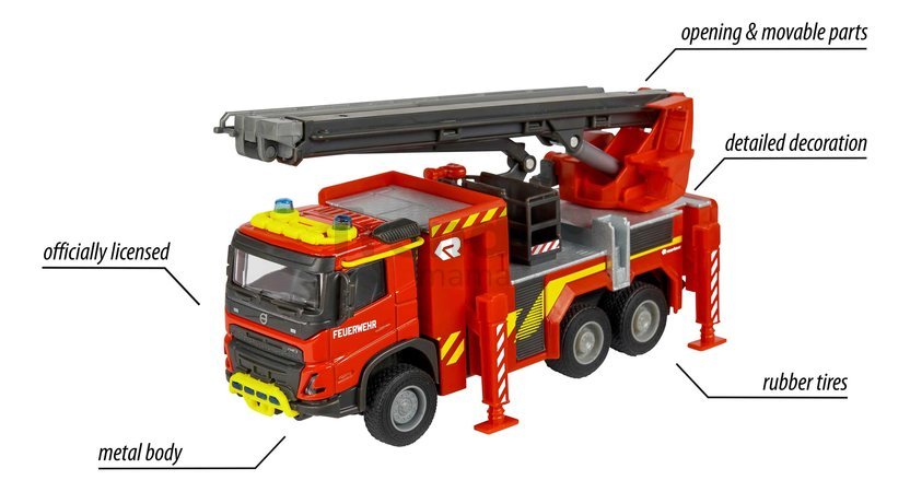 Autíčko hasičské Volvo FMX Truck Fire Engine Majorette s vysúvacou plošinou dĺžka 19 cm