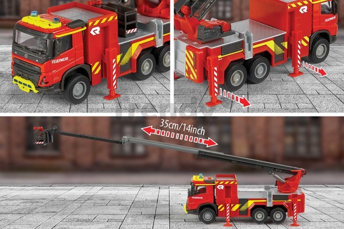 Autíčko hasičské Volvo FMX Truck Fire Engine Majorette s vysúvacou plošinou dĺžka 19 cm