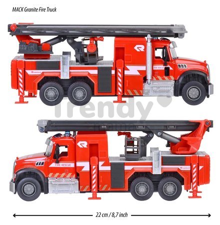 Autíčko hasičské Mack Granite Fire Truck Majorette kovové so zvukom a svetlom dĺžka 22 cm