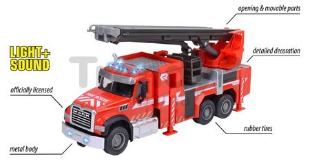 Autíčko hasičské Mack Granite Fire Truck Majorette kovové so zvukom a svetlom dĺžka 22 cm