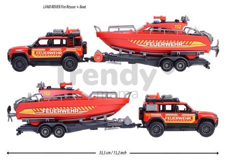 Autíčko hasičské s prívesom a loďou Land Rover Fire Rescue Majorette kovové so zvukom a svetlom dĺžka 33,5 cm