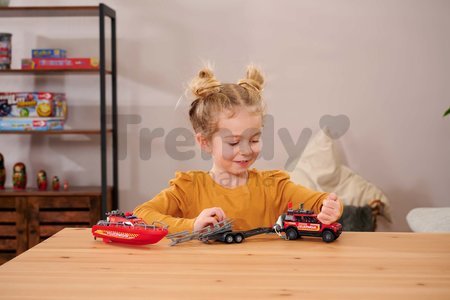 Autíčko hasičské s prívesom a loďou Land Rover Fire Rescue Majorette kovové so zvukom a svetlom dĺžka 33,5 cm