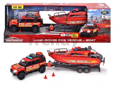 Autíčko hasičské s prívesom a loďou Land Rover Fire Rescue Majorette kovové so zvukom a svetlom dĺžka 33,5 cm