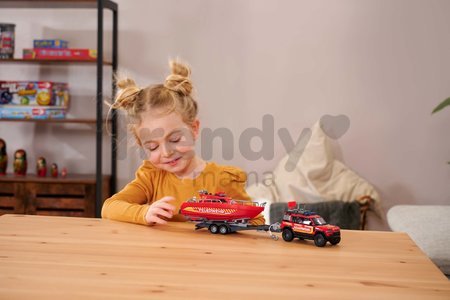 Autíčko hasičské s prívesom a loďou Land Rover Fire Rescue Majorette kovové so zvukom a svetlom dĺžka 33,5 cm