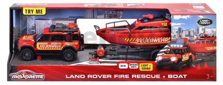 Autíčko hasičské s prívesom a loďou Land Rover Fire Rescue Majorette kovové so zvukom a svetlom dĺžka 33,5 cm