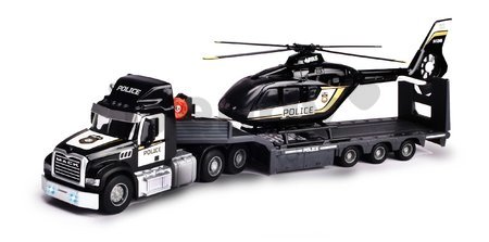 Camion de tractare cu elicopter de poliție Mack Truck Police Helicopter Majorette cu sunete și lumini cu roți de cauciuc lungime de 35 cm