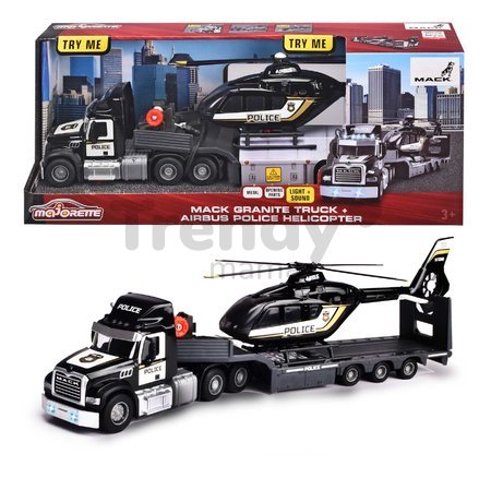 Camion de tractare cu elicopter de poliție Mack Truck Police Helicopter Majorette cu sunete și lumini cu roți de cauciuc lungime de 35 cm