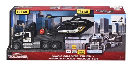 Camion de tractare cu elicopter de poliție Mack Truck Police Helicopter Majorette cu sunete și lumini cu roți de cauciuc lungime de 35 cm