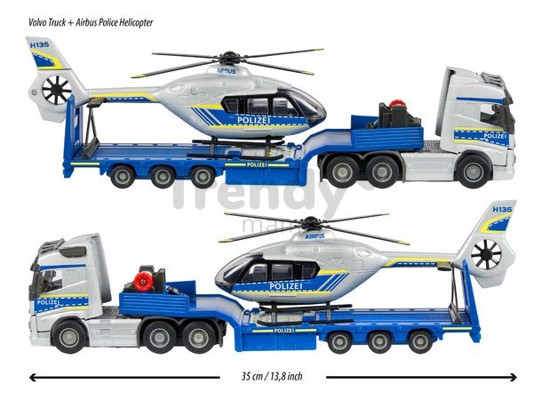 Kamión s policajným vrtuľníkom Volvo Truck Airbus Majorette 35 cm dĺžka