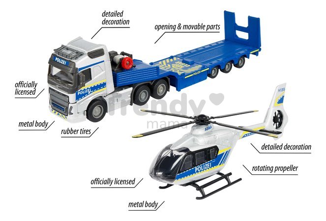 Kamión s policajným vrtuľníkom Volvo Truck Airbus Majorette 35 cm dĺžka