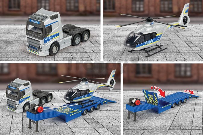 Kamión s policajným vrtuľníkom Volvo Truck Airbus Majorette 35 cm dĺžka