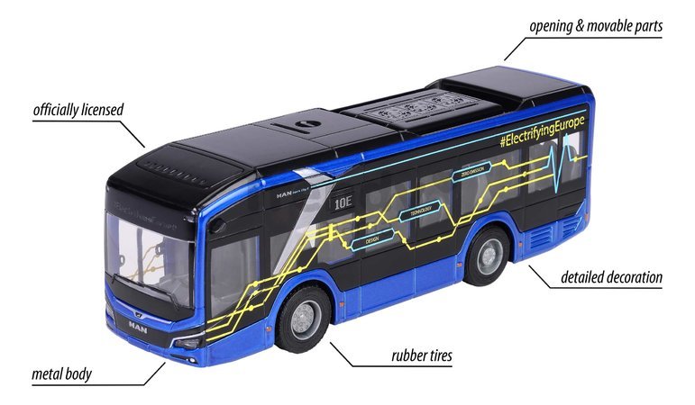 Autobus MAN Lion´s City 10 E Bus Majorette s gumenými kolieskami a otvárateľné dvere dĺžka 22,5 cm