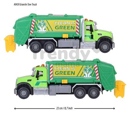 Autíčko smetiarske Mack Granite Garbage Truck Majorette kovové so zvukom a svetlom dĺžka 22 cm