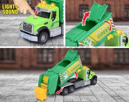 Autíčko smetiarske Mack Granite Garbage Truck Majorette kovové so zvukom a svetlom dĺžka 22 cm