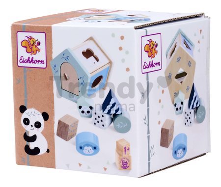 Drevený didaktický domček Shape Box Panda Eichhorn so 6 vkladacími kockami od 12 mes