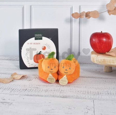 Papučky pre bábätko Tekvica Booties My First Halloween Doudou et Compagnie v darčekovom balení oranžové od 0-6 mes
