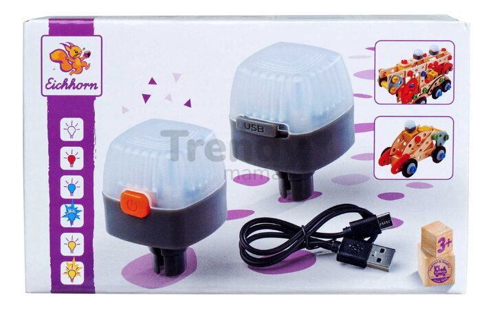 Rozšírenie k drevenej stavebnici Svetlá Constructor Light Eichhorn 2 svetlá s nabíjacím USB káblom 6 svetelných módov