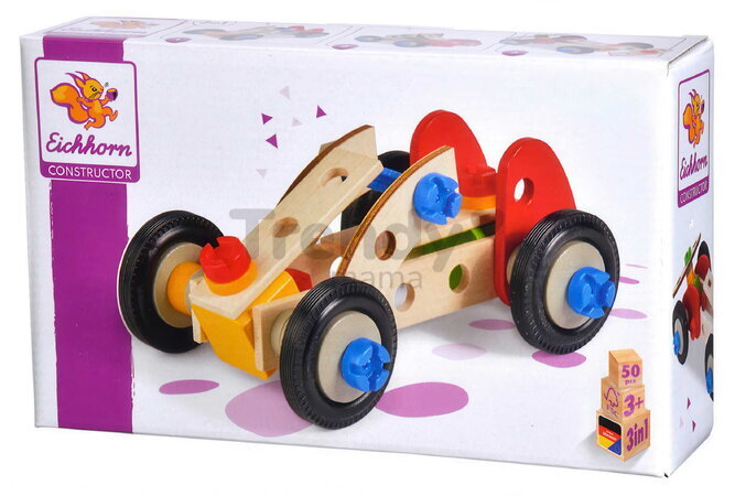 Drevená stavebnica preteky Constructor Racer Eichhorn tri modely (minibuggy, formula 1, pretekárske auto) 50 dielov