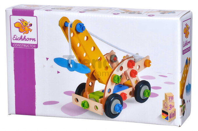 Drevená stavebnica žeriav Constructor Mobile Crane Eichhorn štyri modely (žeriav, lietadlo, helikoptéra, bicykel) 70 dielov