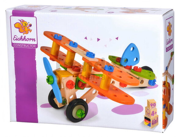 Drevená stavebnica lietadlo dvojplošník Constructor Biplane Eichhorn štyri modely (dinosaur, dvojplošník, motorka, hydroplán) 90 dielov od 4 rokov