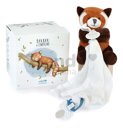 Plyšová panda so šnúrkou na cumlík Red Panda Unicef Collection Doudou et Compagnie v darčekovom balení červená 12 cm od 0 mes