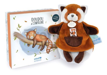 Plyšová panda na bábkové divadlo Red Panda Hand Puppet Unicef Collection Doudou et Compagnie v darčekovom balení červená 25 cm od 0 mes
