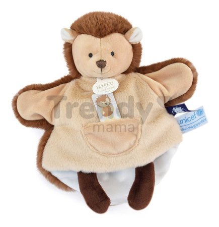 Plyšový ježko na bábkové divadlo Hedgehog Hand Puppet Unicef Collection Doudou et Compagnie v darčekovom balení hnedý 25 cm od 0 mes