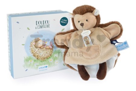 Plyšový ježko na bábkové divadlo Hedgehog Hand Puppet Unicef Collection Doudou et Compagnie v darčekovom balení hnedý 25 cm od 0 mes