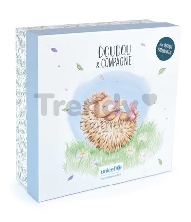 Plyšový ježko na bábkové divadlo Hedgehog Hand Puppet Unicef Collection Doudou et Compagnie v darčekovom balení hnedý 25 cm od 0 mes
