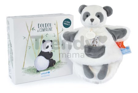 Plyšová panda na bábkové divadlo Panda Hand Puppet Unicef Collection Doudou et Compagnie v darčekovom balení biela 25 cm od 0 mes