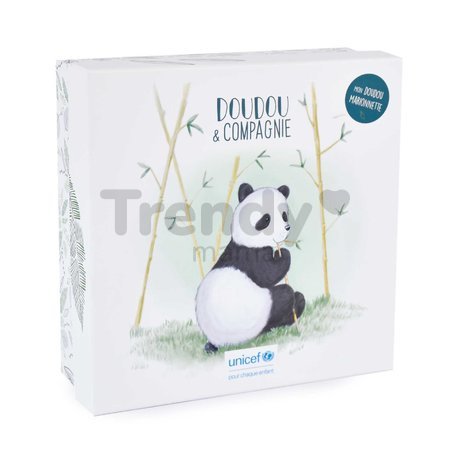Plyšová panda na bábkové divadlo Panda Hand Puppet Unicef Collection Doudou et Compagnie v darčekovom balení biela 25 cm od 0 mes