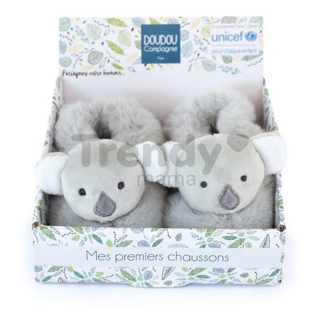 Papučky pre bábätko Koala Booties Unicef Collection Doudou et Compagnie v darčekovom balení sivé 0-6 mes