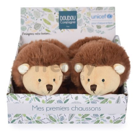 Papučky pre bábätko Hedgehog Booties Unicef Collection Doudou et Compagnie v darčekovom balení hnedé 0-6 mes