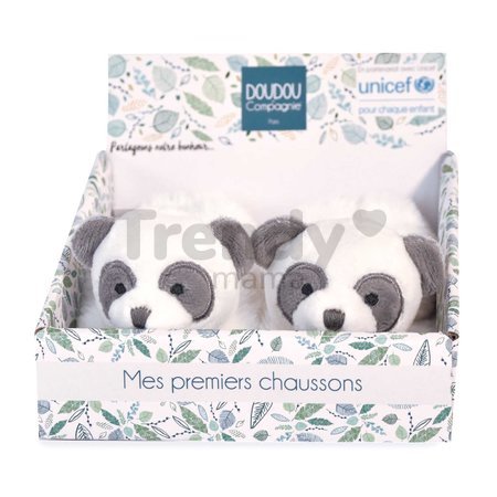 Papučky pre bábätko Panda Booties Unicef Collection Doudou et Compagnie v darčekovom balení biele 0-6 mes
