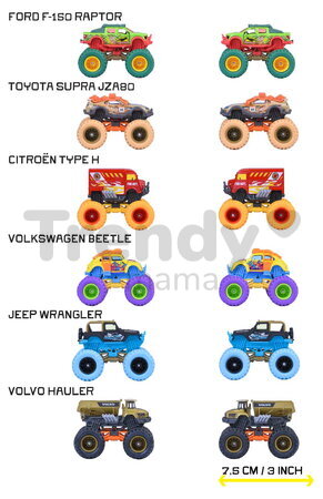Autíčko Monster Rockerz Majorette 6 tipuri diferite cu roți din cauciuc; lungime 7,5 cm; 1:64