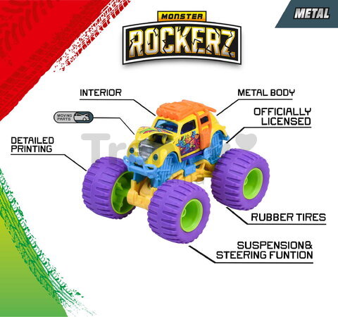 Autíčko Monster Rockerz Majorette 6 tipuri diferite cu roți din cauciuc; lungime 7,5 cm; 1:64