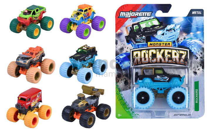 Autíčko Monster Rockerz Majorette 6 tipuri diferite cu roți din cauciuc; lungime 7,5 cm; 1:64