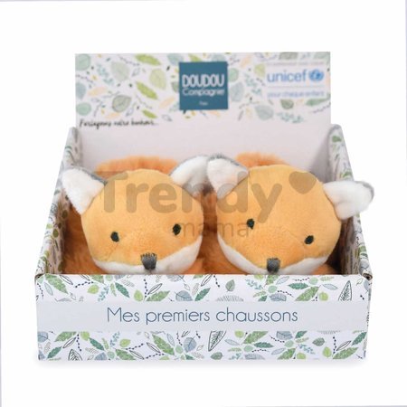 Papučky pre bábätko Fox Booties Unicef Collection Doudou et Compagnie v darčekovom balení oranžové 0-6 mes