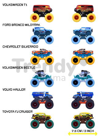 Autíčka Monster Rockerz Majorette 2 tipuri cu roți din cauciuc, lungime 7,5 cm, 1:64