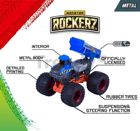 Autíčka Monster Rockerz Majorette 2 tipuri cu roți din cauciuc, lungime 7,5 cm, 1:64