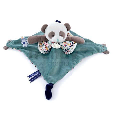 Plyšová panda na maznanie a bábkové divadlo Panda Finger Puppet Doudou et Compagnie modrá 30 cm od 0 mes