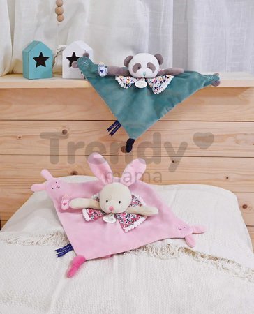 Plyšová panda na maznanie a bábkové divadlo Panda Finger Puppet Doudou et Compagnie modrá 30 cm od 0 mes